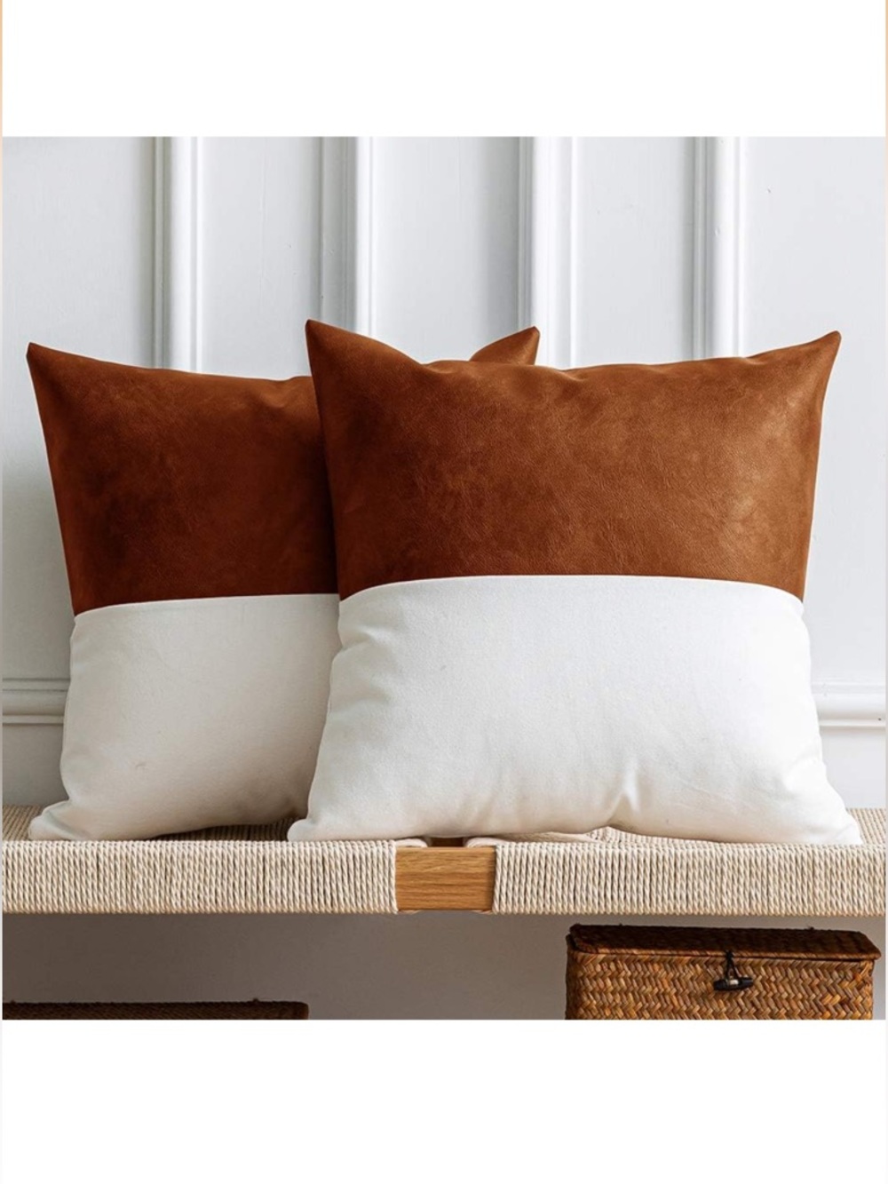 Set of Two Faux Leather and Canvas Color Block Pillow Covers